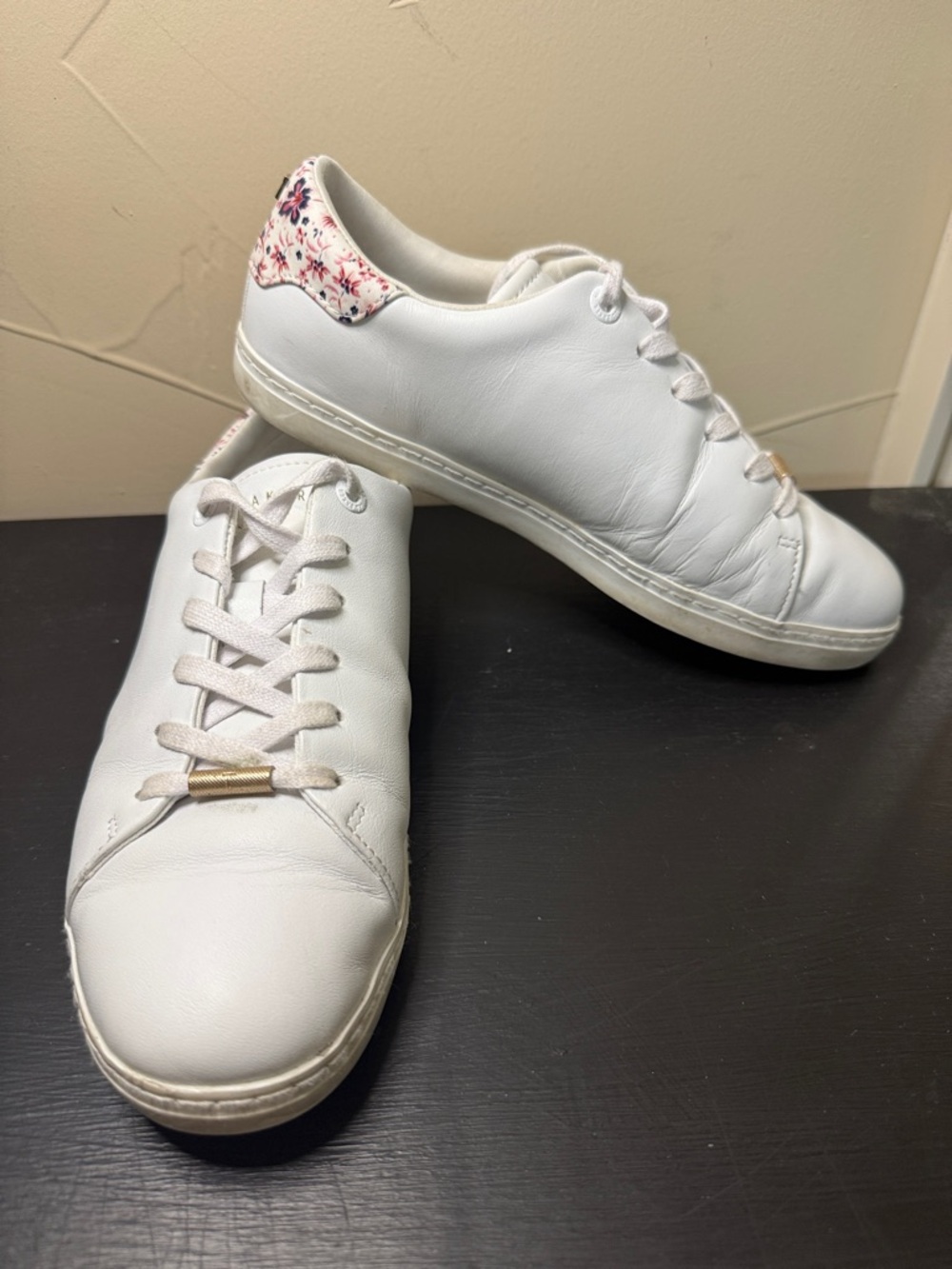 Ted Baker White Leather Sneakers with Pink Floral Heel Accent